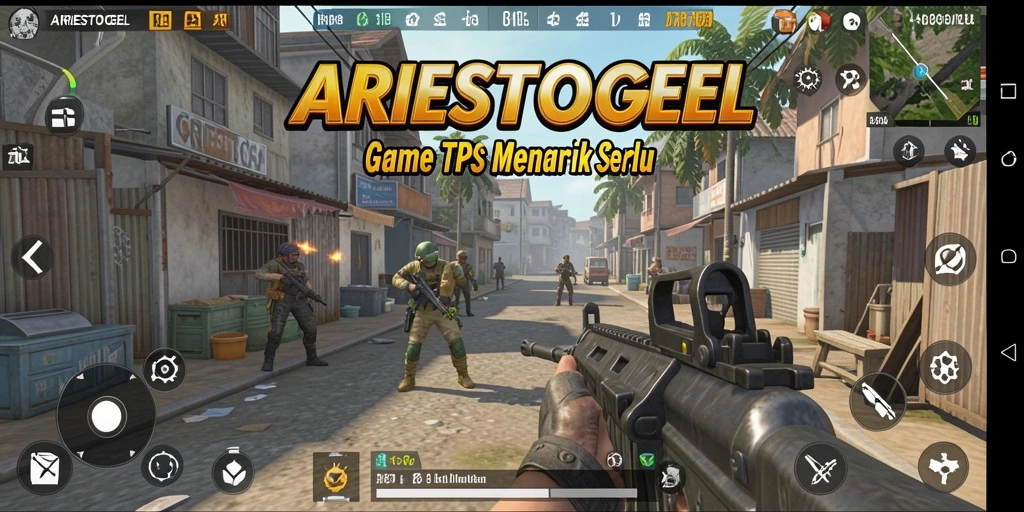 Tampilan gameplay seru dari ARIESTOGEL dengan karakter dan senjata menarik.