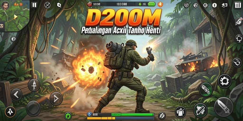 Tangkapan layar D200M menunjukkan karakter sedang bertarung melawan musuh di arena.