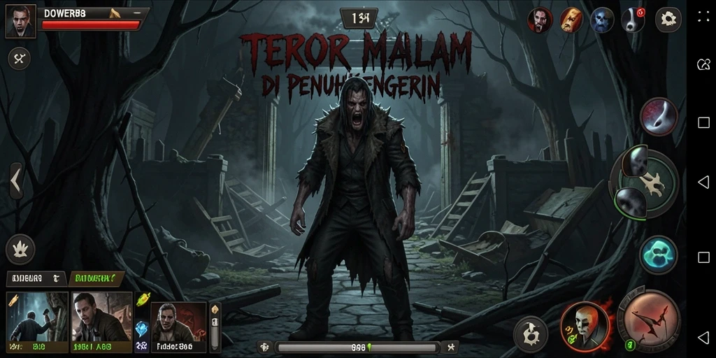Tampilan gameplay menegangkan DOWER88 saat menghadapi makhluk menyeramkan.
