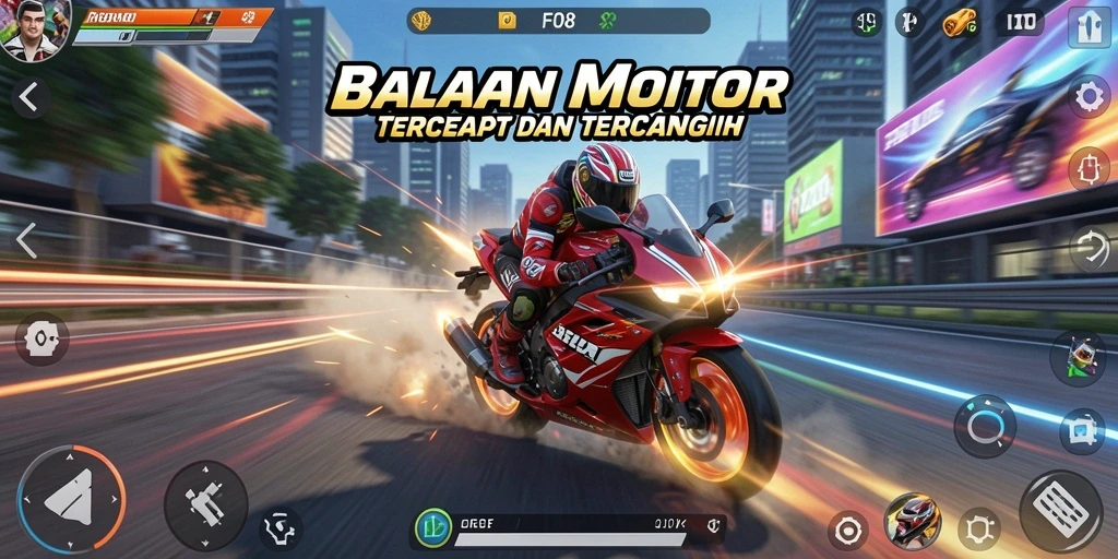 Screenshot gameplay FO8 menampilkan aksi balapan motor yang mendebarkan.