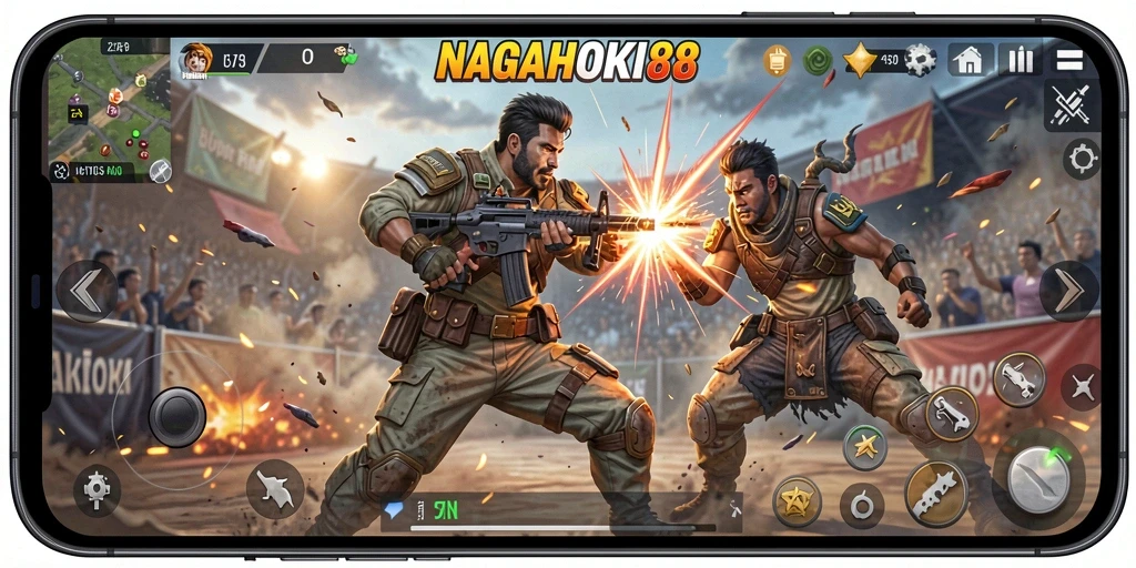 Tampilan gameplay seru dalam NAGAHOKI88 saat bertarung di arena Battle Royale.
