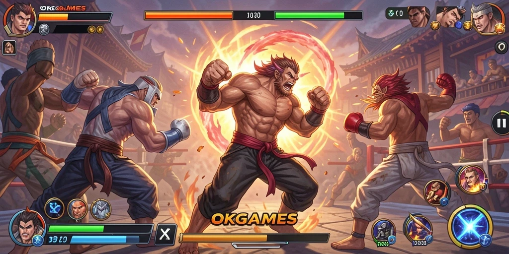 Screenshot gameplay OKGAMES menampilkan aksi pertarungan yang intens dan mendebarkan.