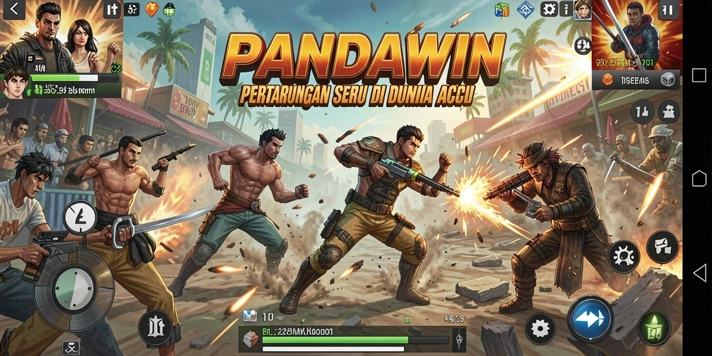 Tampilan gameplay dinamis dan penuh aksi dari PANDAWIN.