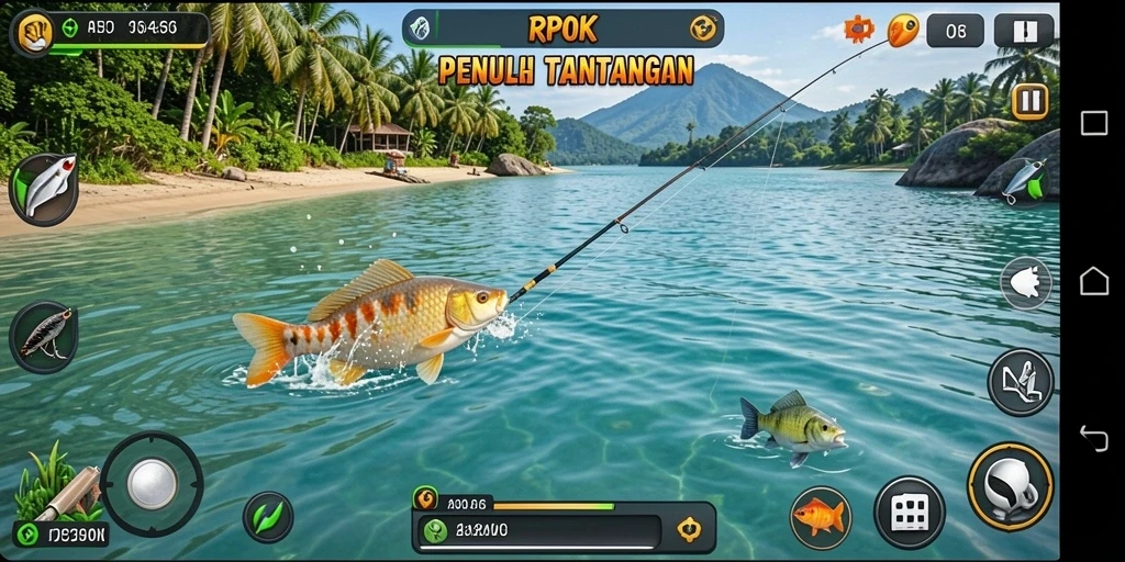 Gameplay RPOK menampilkan momen seru saat menangkap ikan di laut.