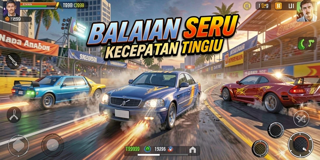 Tangkapan layar gameplay yang menunjukkan aksi balapan menegangkan di T9999.